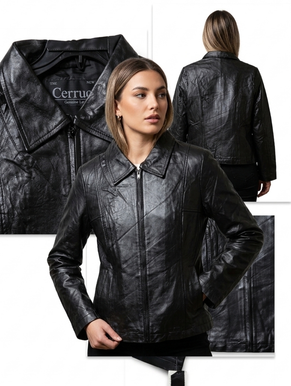 Nwt Vintage Cerrucci Genuine Black Leather Zip-Up Jacket Moto-Chic